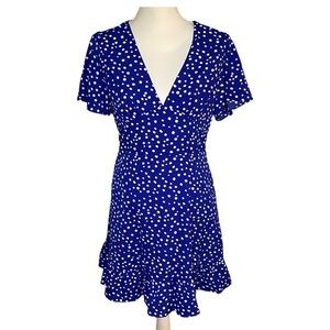 Melloday Mini Dress Plunge Short Sleeve‎ Blue White Polka Dot Ruffle V-Neck